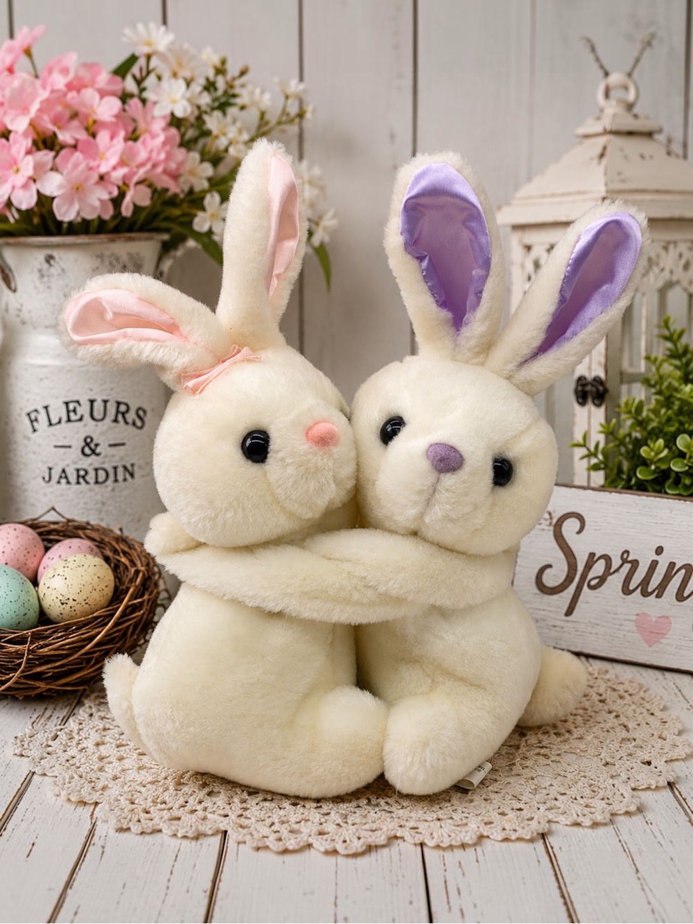 Ebee Services Inc Twin Bunny Plush White Hugging Rabbits Pink Purple Ears 10”